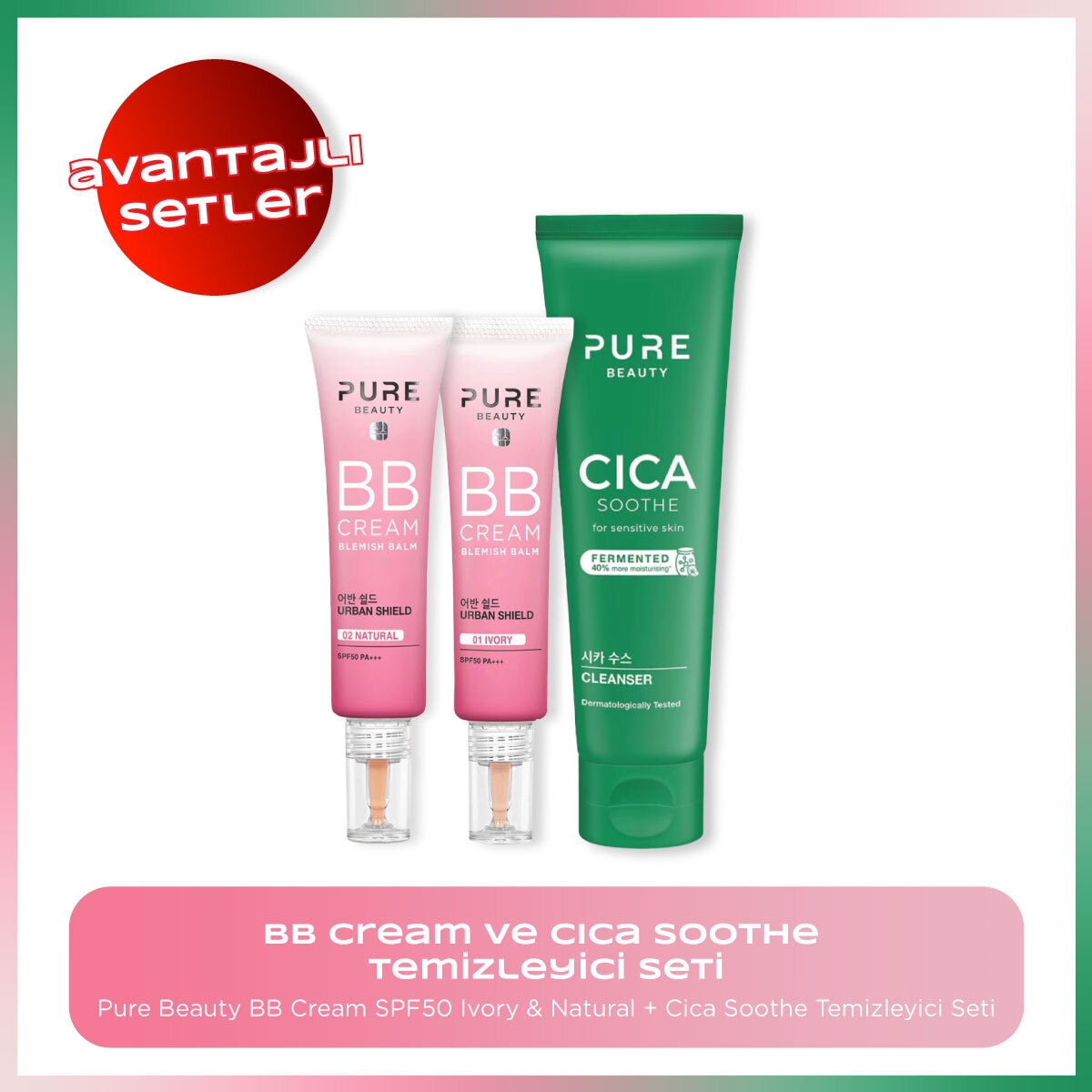 PURE BEAUTY  Pure Beauty 2'li BB Krem SPF50 Ivory & Natural + Cica Soothe Temizleyici Seti  1 of 1